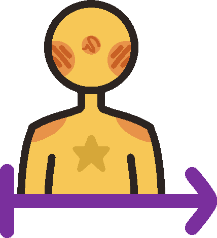 A nondescript yellow person with a star on their chest is positioned above a rightward-pointing purple arrow with a short vertical line on the left side.